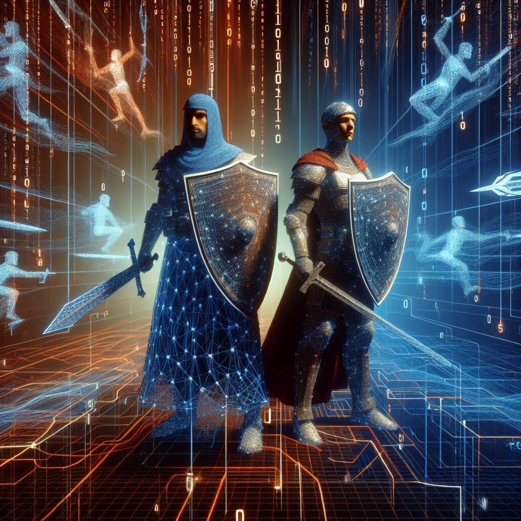 Digital knights with swords and shields in cyberspace.