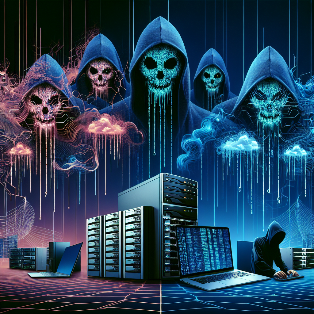 Hooded hackers breaching servers with digital skulls