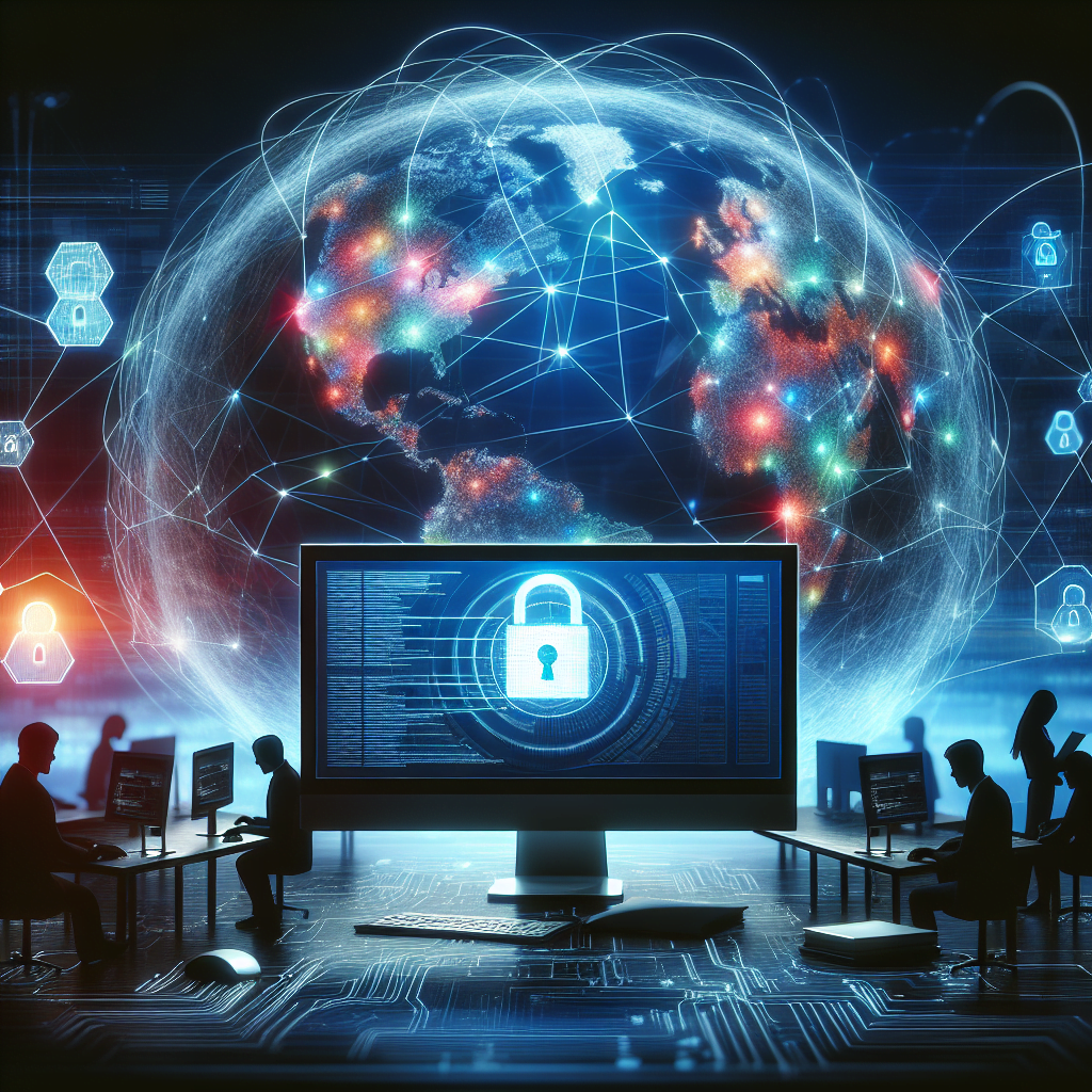 Cybersecurity experts protecting global network on computers.