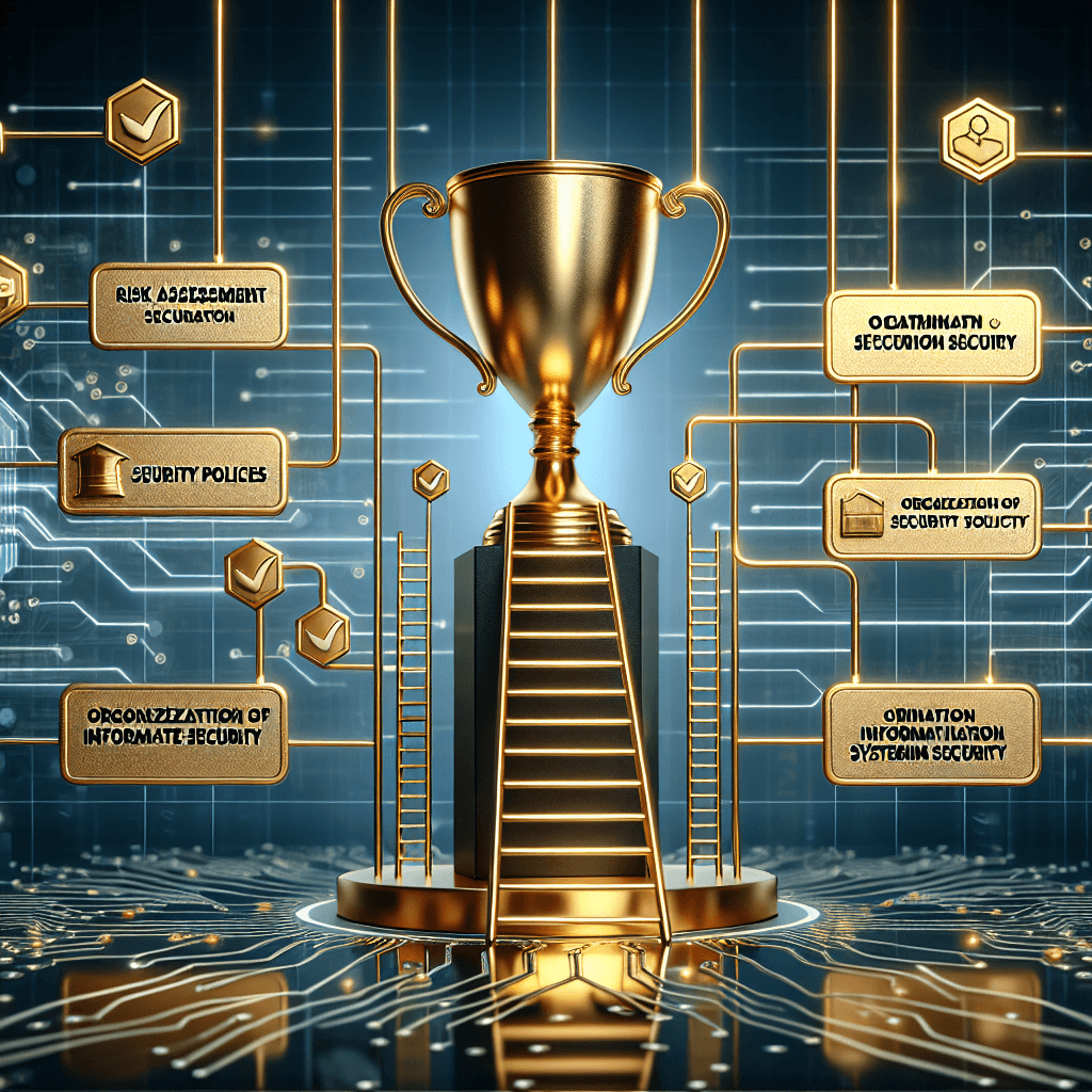 Golden trophy with cybersecurity terms and circuit background.