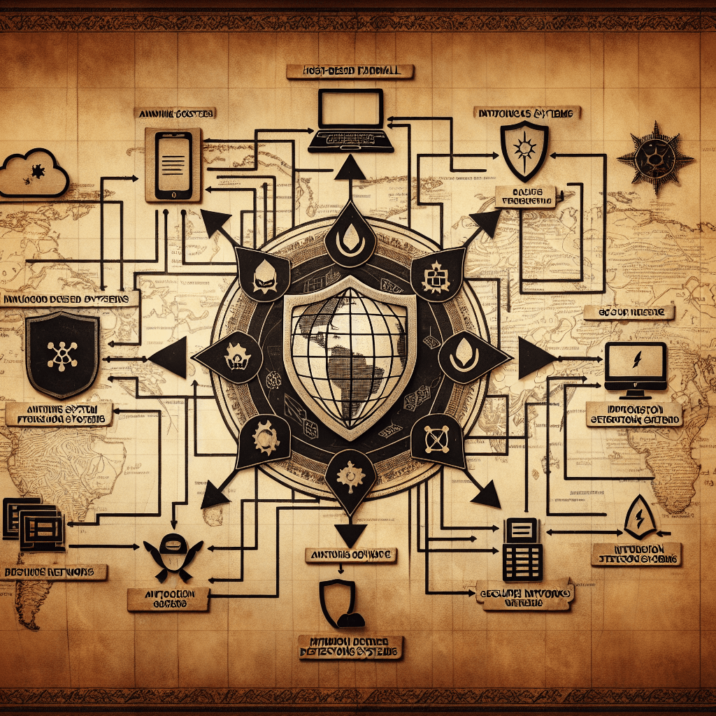 Visual cybersecurity concept map with shield and icons.