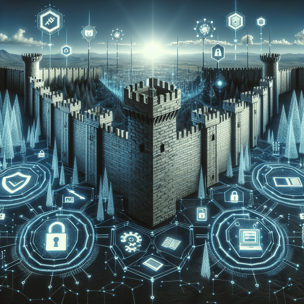 Digital fortress with cybersecurity icons and technology.