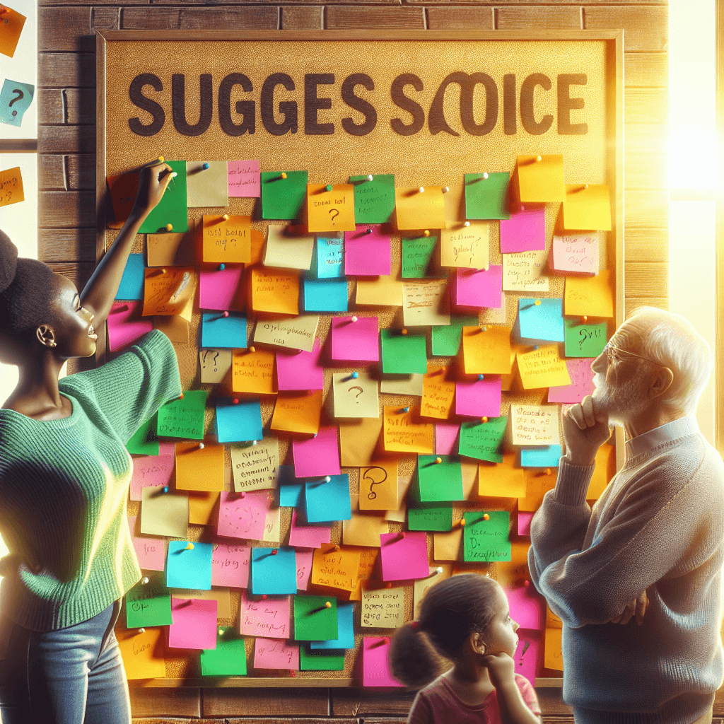 People reading colorful sticky notes on suggestion wall.