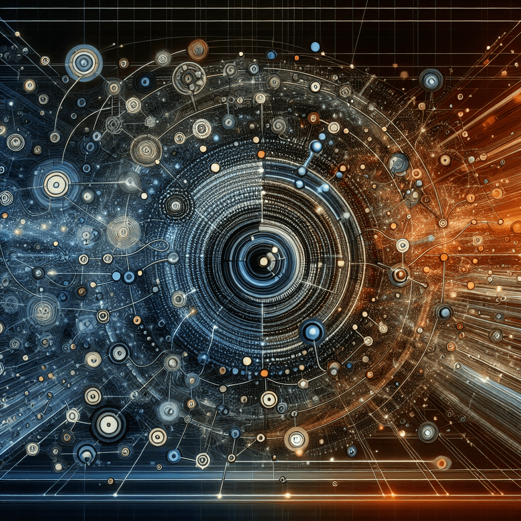 Futuristic digital network with circular patterns and connections.