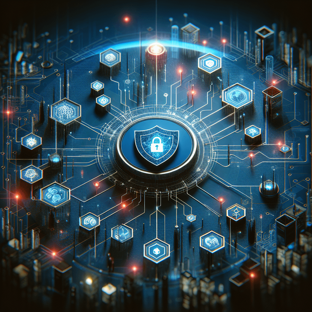 Digital cybersecurity network with central lock icon.