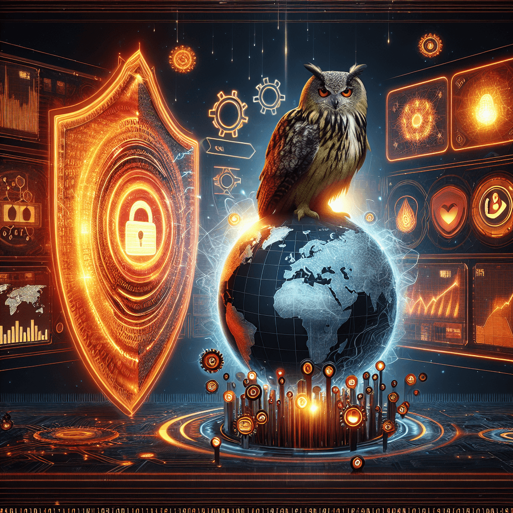 Owl on globe with cybersecurity icons and shield.