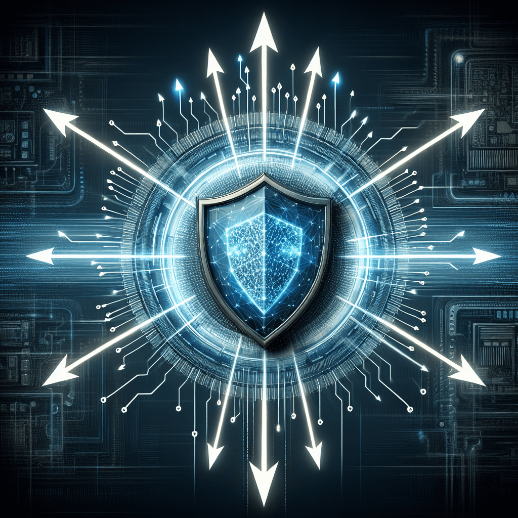 Digital shield with arrows for cybersecurity protection.