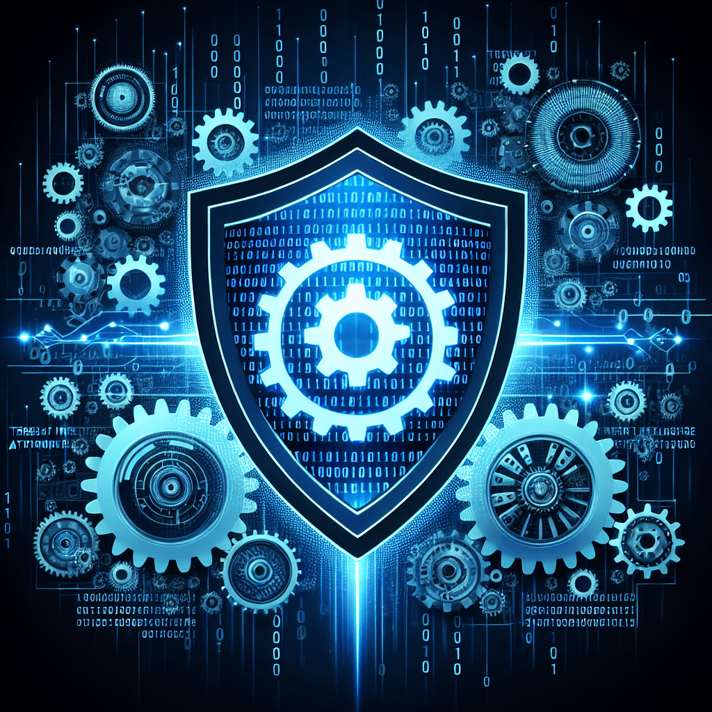 Digital shield with gears and binary code.