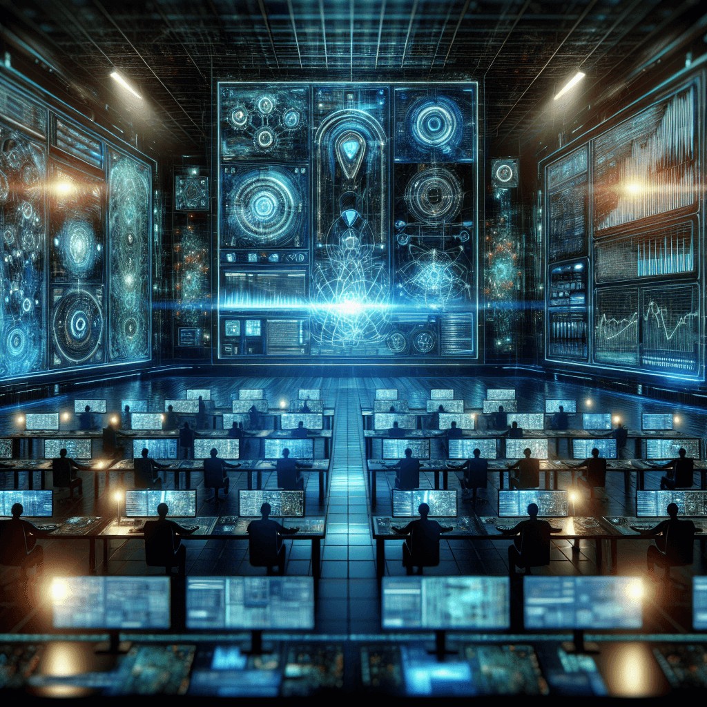 Futuristic data center with advanced technology and screens.