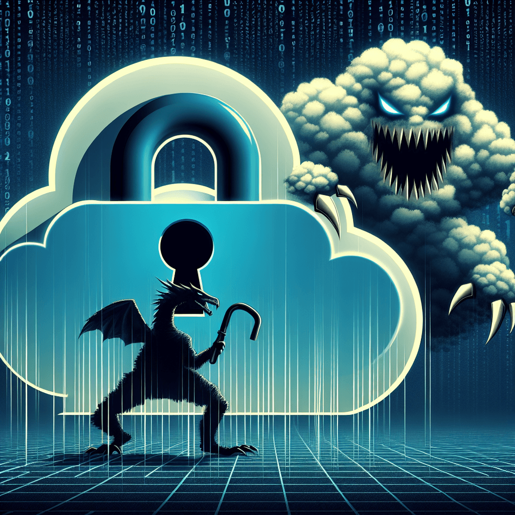 Cybersecurity threat monster attacking secure cloud lock