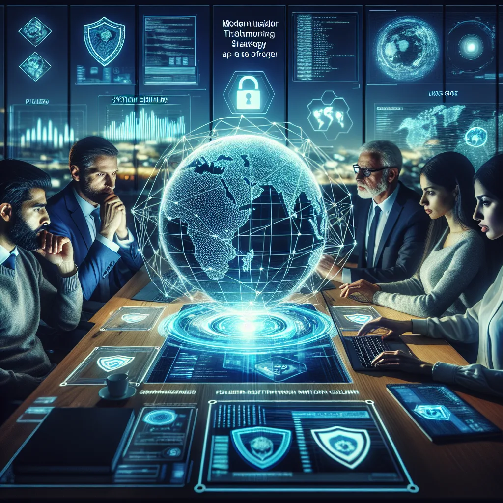Team discussing cybersecurity strategy in futuristic room.