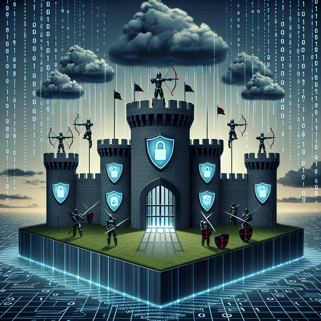 Digital fortress with knights and cybersecurity symbols.