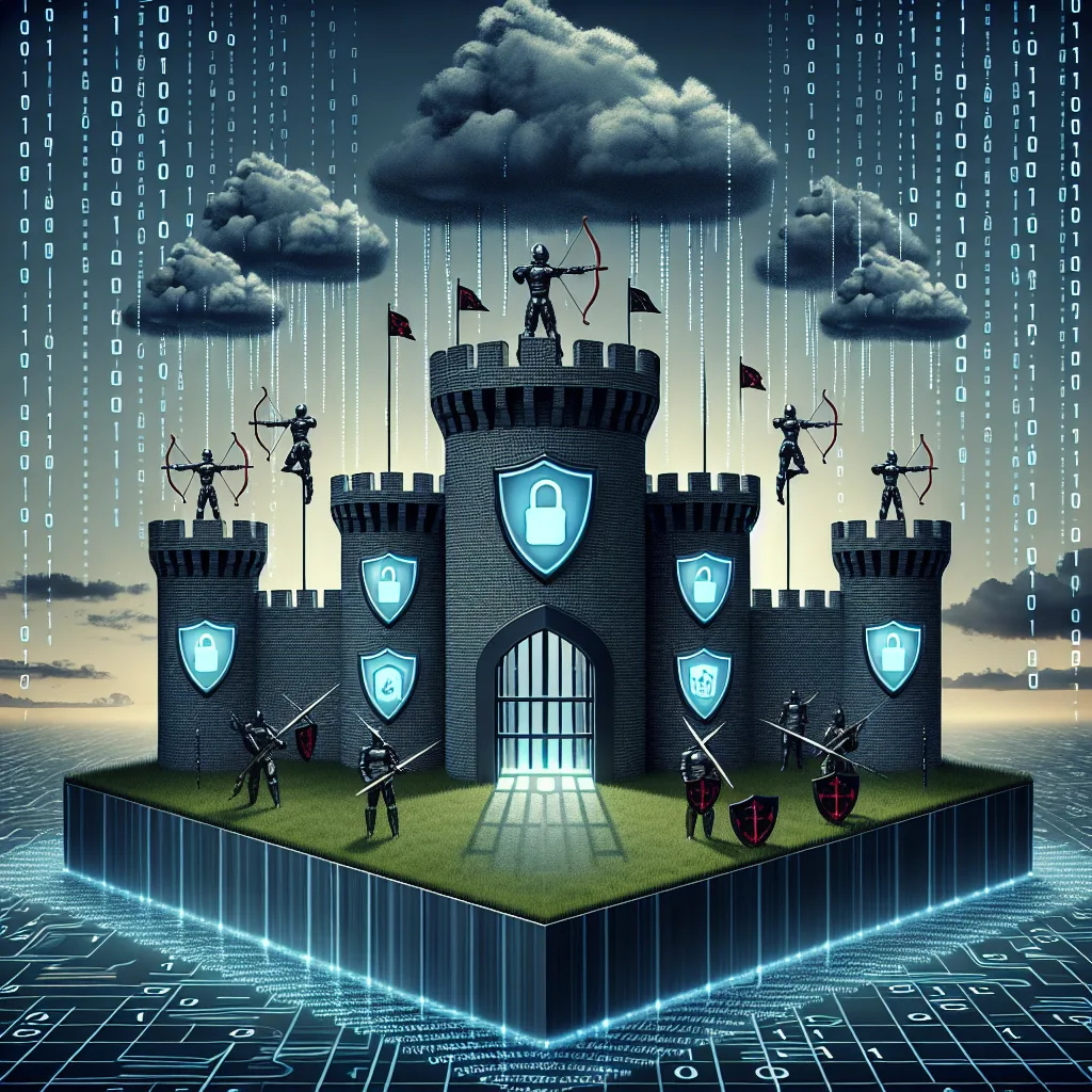 Digital fortress with knights and cybersecurity symbols.