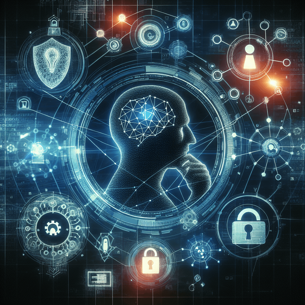 Digital brain with cybersecurity and technology icons.