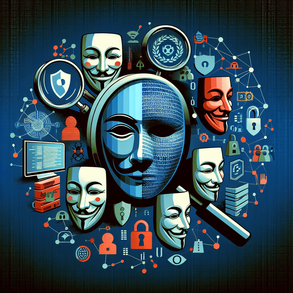 Anonymous masks and cybersecurity symbols illustration