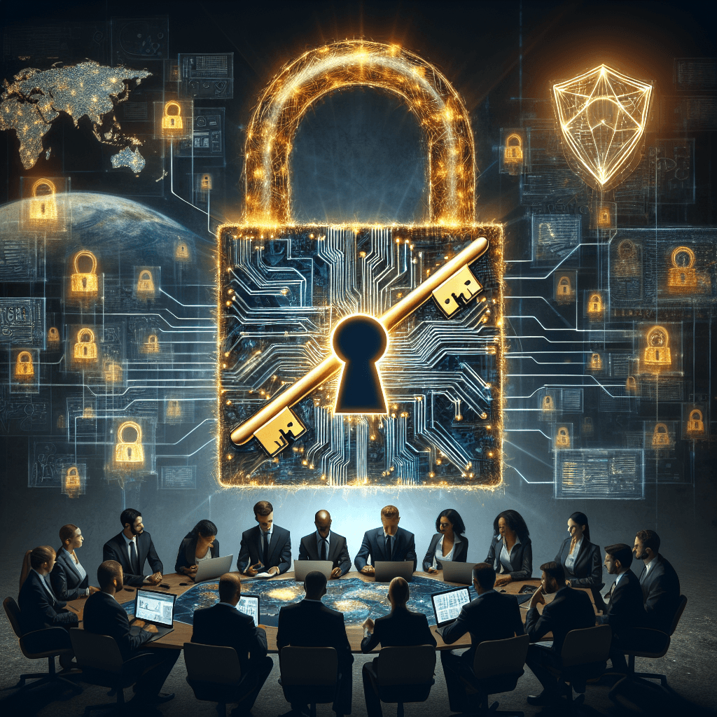 Cybersecurity meeting with digital lock graphic.