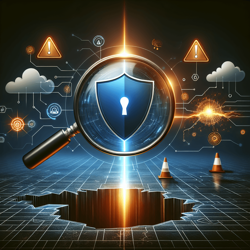 Cybersecurity concept with magnifying glass and shield.