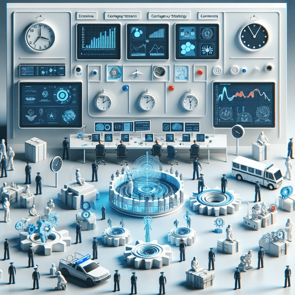 Futuristic command center with technology and figures.