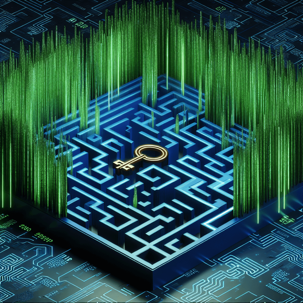 Digital maze with key, binary code backdrop.