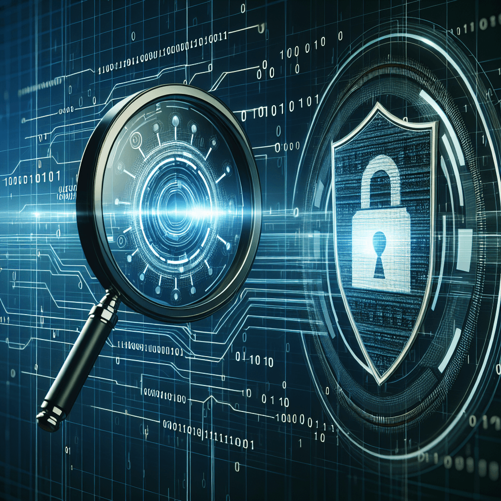 Cybersecurity concept with magnifying glass and digital lock