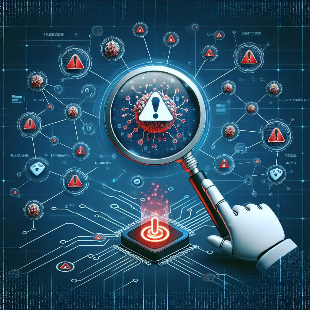Cybersecurity alert concept with virus and magnifying glass.