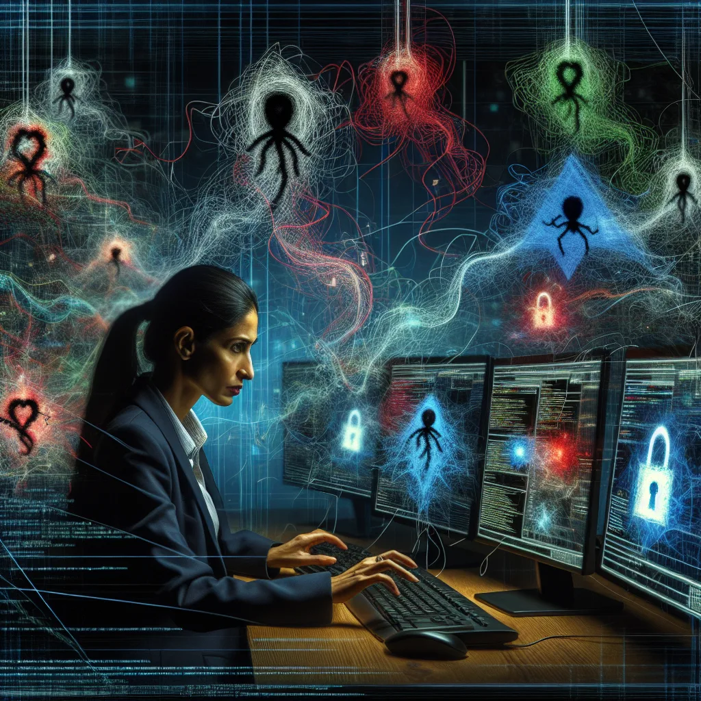 Cybersecurity expert analyzes digital threats on multiple screens.