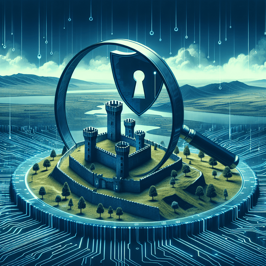 Fortress under digital magnifying glass representing cybersecurity.