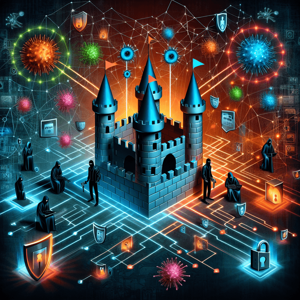 Digital castle with cybersecurity symbols and viruses.