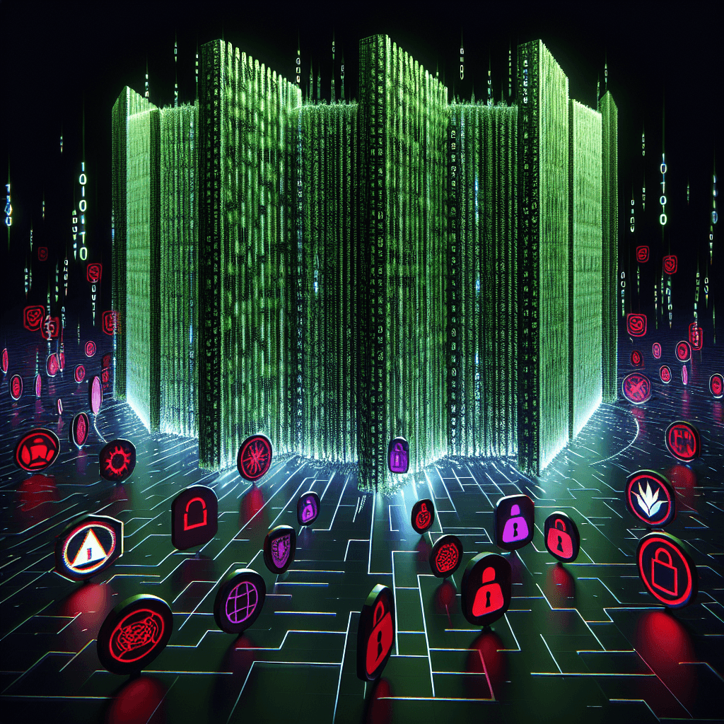 Futuristic digital security landscape with glowing code blocks.