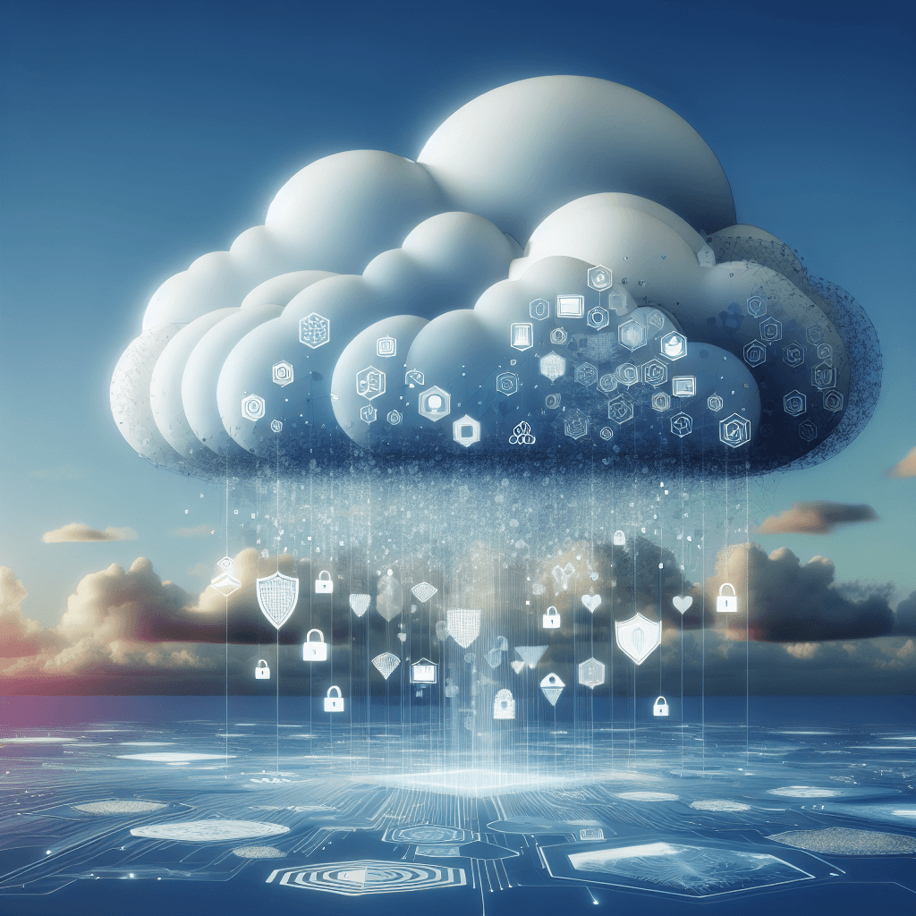 Digital cloud with data icons and security symbols.