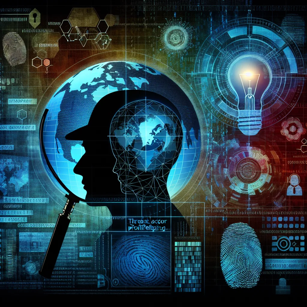 Tech detective concept: silhouette, globe, fingerprint, lightbulb.