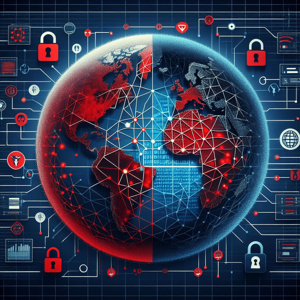 Digital world with cybersecurity elements, red-blue contrast.