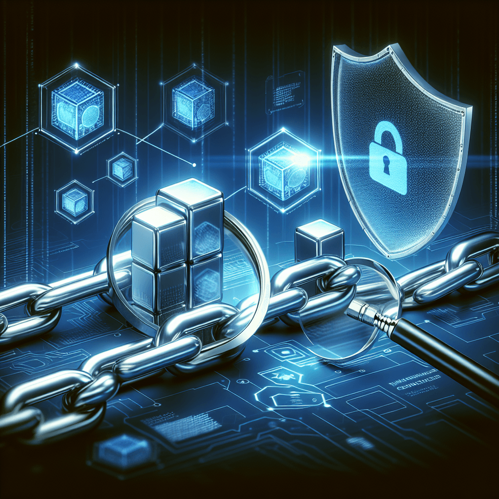 Blockchain security concept with chains and shield.