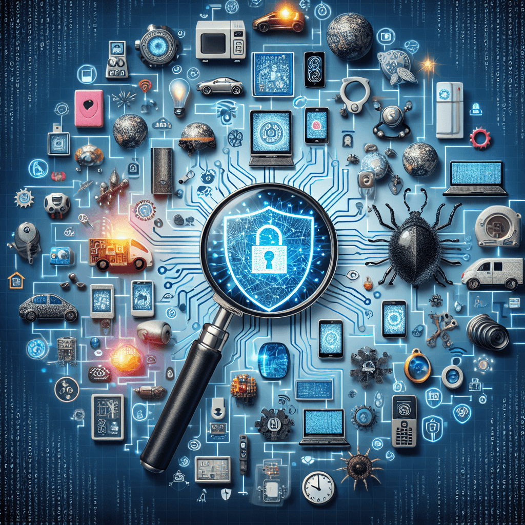 Cybersecurity concept with digital devices and magnifying glass.