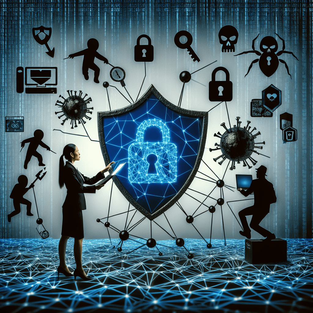 Cybersecurity concept with digital shield and threats.