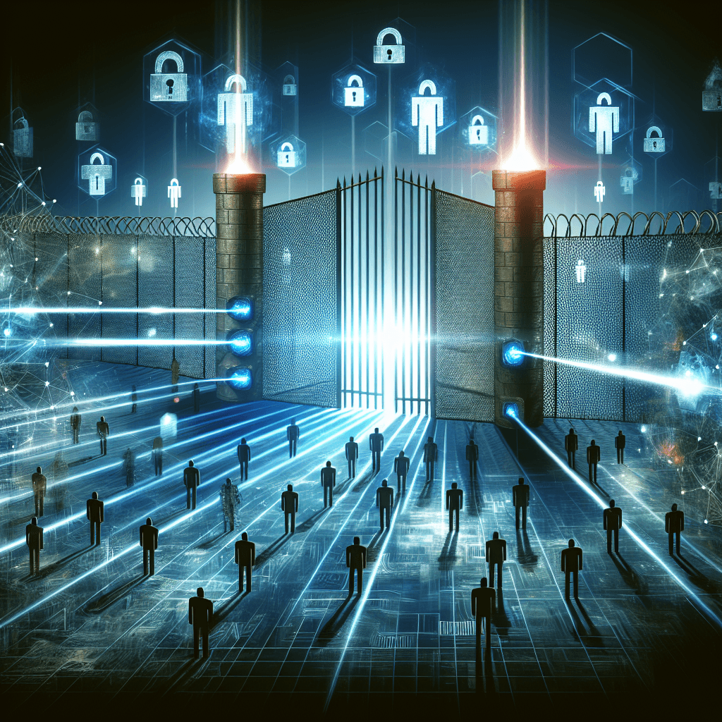 Futuristic data security with digital barriers and figures.