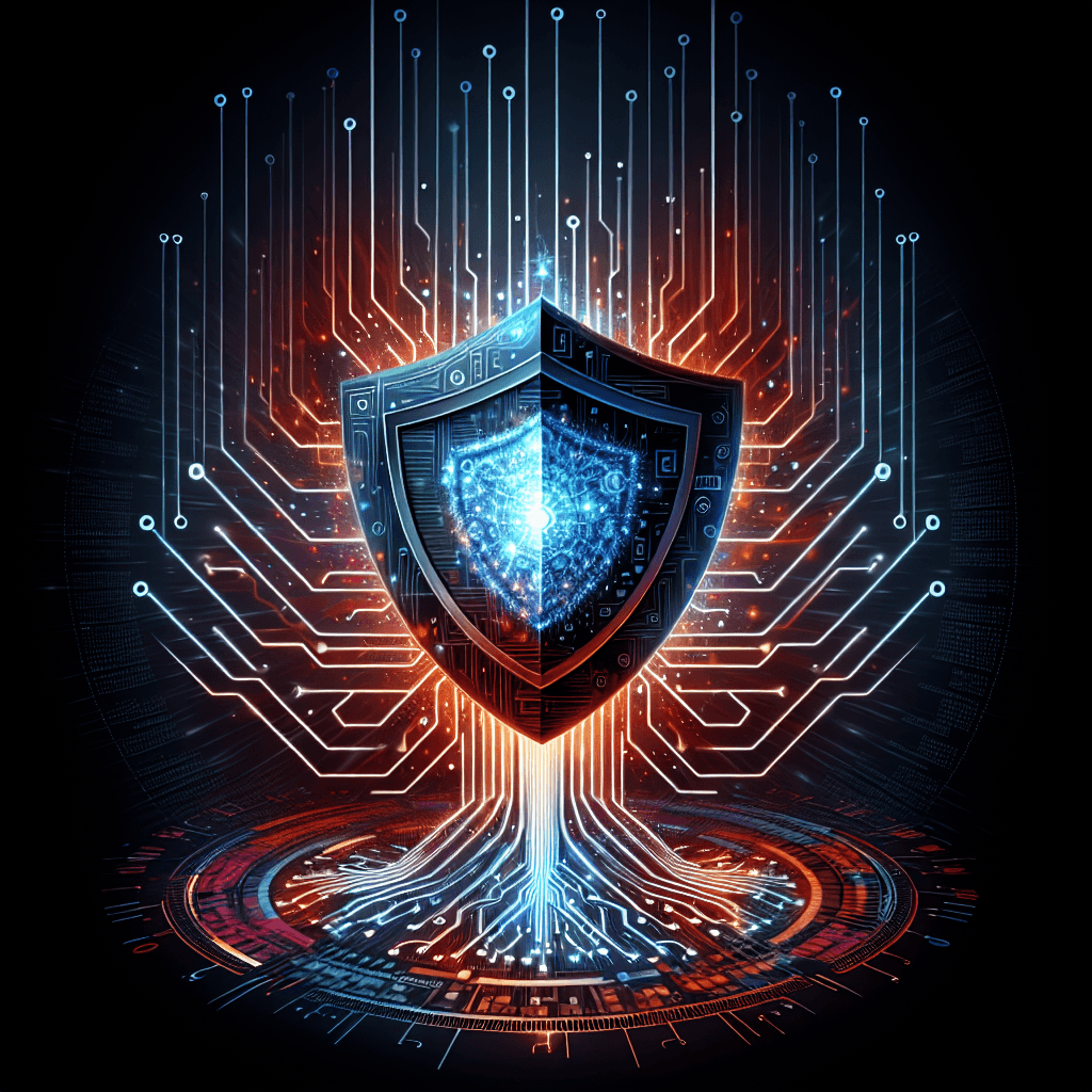 Digital shield with glowing circuits and connections.