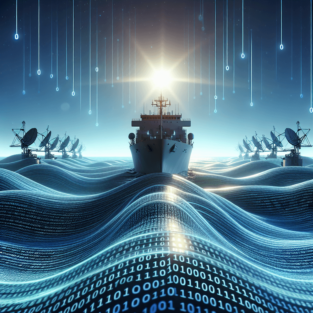 Ship sailing through digital data waves at sunset.