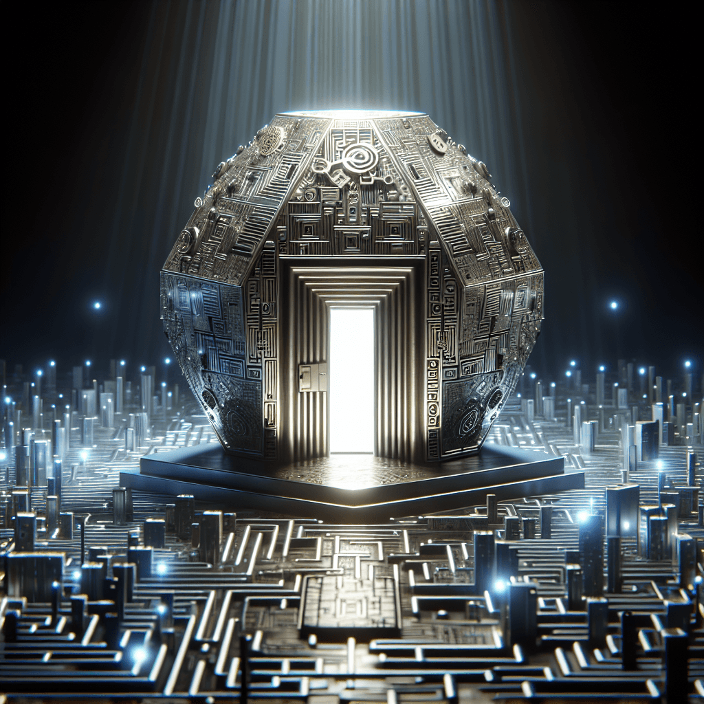 Futuristic metallic cube with open glowing doorway.