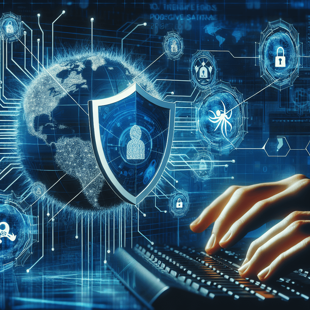 Cybersecurity concept with shield and technology icons.