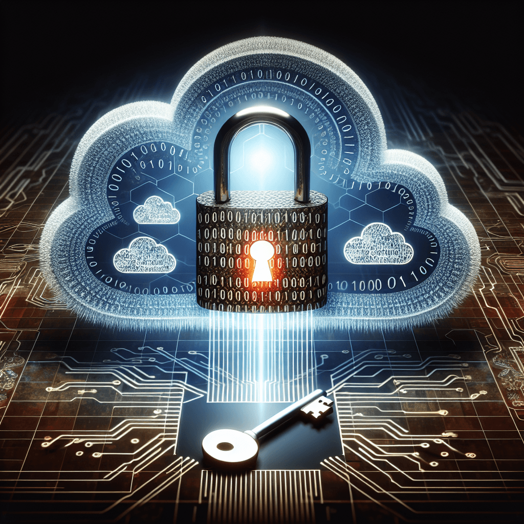 Cloud security concept with padlock and key.