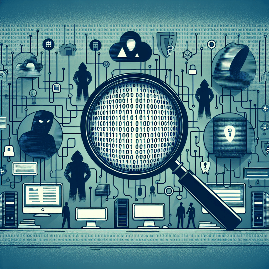 Digital security with magnifying glass on binary code.