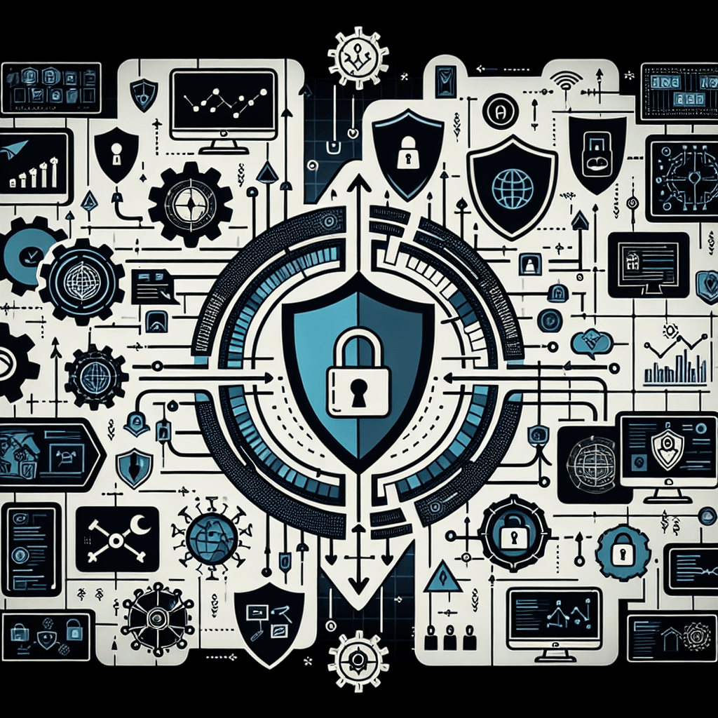 Cybersecurity network with locks and shield icons.