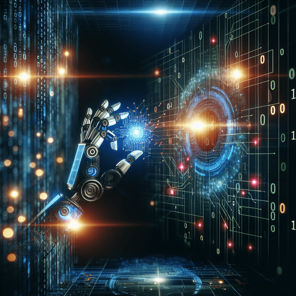 Robotic hand interacting with digital data interface.