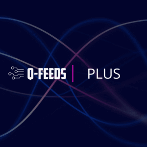 Q-Feeds Plus logo with abstract lines.