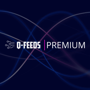Q-Feeds Premium logo with abstract background