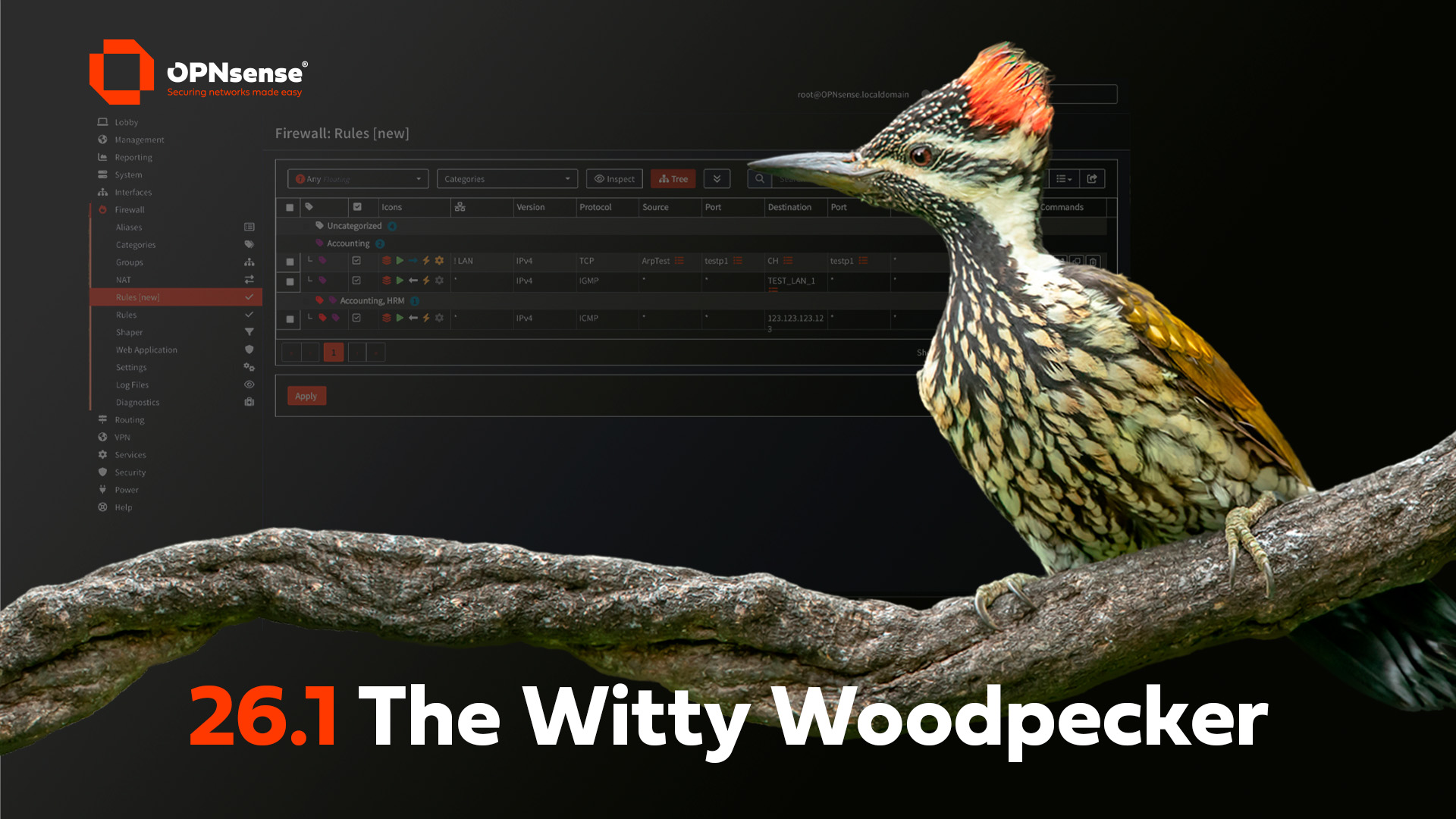 OPNsense dashboard with colorful woodpecker illustration